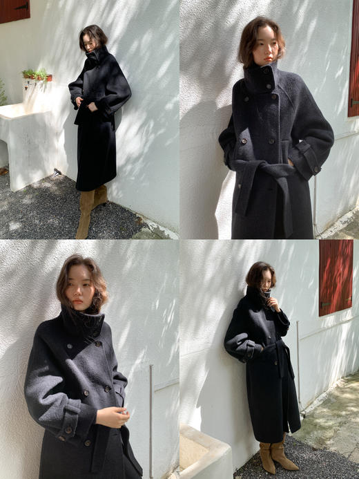 素舶 牦牛绒绵羊毛柔润光泽感双排扣立领长短款双面呢大衣 商品图2