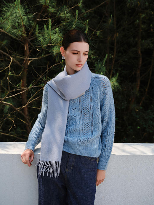 【羊绒+桑蚕丝镂空套衫】羊绒世家秋冬新品女士圆领针织套衫时尚绞花毛衣 商品图0