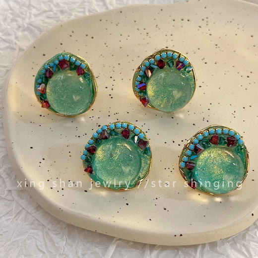 「花间晴」中古vintage耳钉宫廷复古仿琉璃彩色钻轻奢气质耳环时尚饰品 商品图0