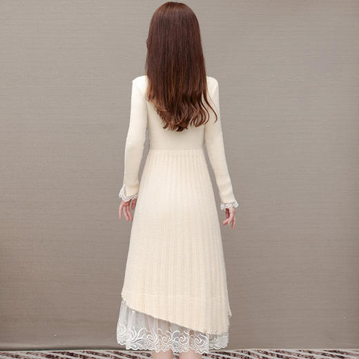 QYM H723-Y仿貂绒连衣裙针织弹力裙系带收腰网纱拼结A字裙 商品图3
