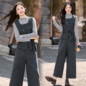 小香风毛呢穿搭套装，韩系小个子设计感阔腿裤两件套HR-DMGY2615