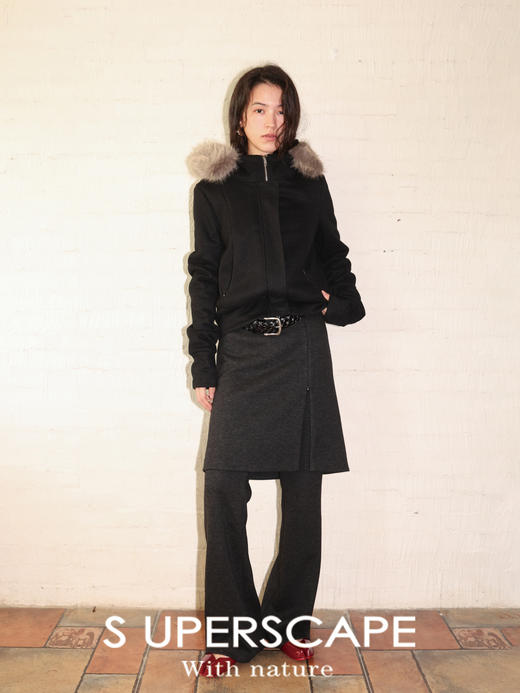 素舶 醋酸羊毛混纺假两件修跨梨形显瘦可调节开叉裙裤 商品图3