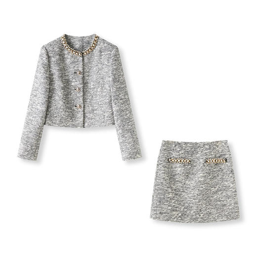 「高货wl」全新升级【铂金会员487/天猫659/差价172】(99537)洛诗琳轻奢小香粗花呢钉钻短外套上衣直筒半身裙两件套 商品图4