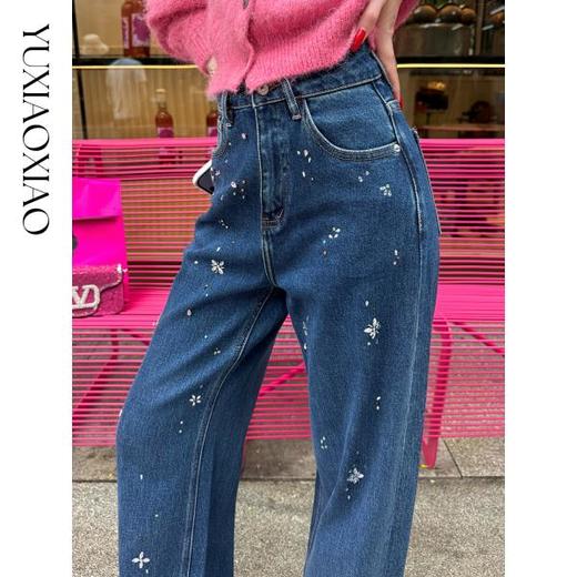 余潇潇【星光璀璨】棉感重工花朵烫钻百搭显瘦垂感直筒牛仔裤秋冬 商品图1