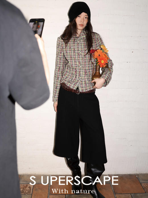 素舶 绵羊毛肌理毛呢中高腰连腰设计收腹显瘦复古分割直筒七分裤 商品图3