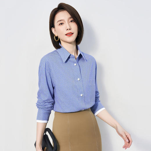 【棉混纺 清新格纹】罗蒙女士春秋长袖衬衫简约大众易打理舒适百搭商务女衬衣 商品图1