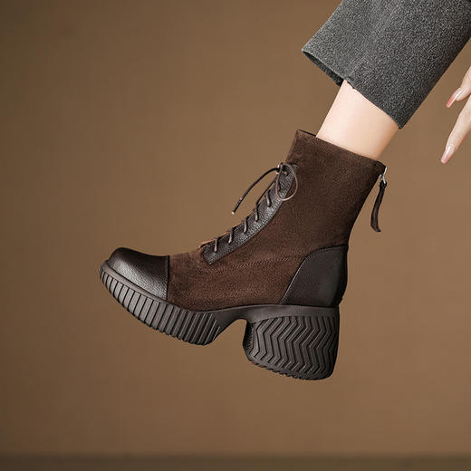 【预售5天】超轻厚底骑士靴圆头英伦风时尚简约秋冬新款绑带粗跟显瘦马丁靴CFE&C6352 商品图0