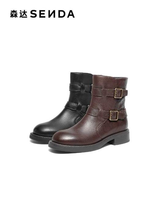【云粉节】BF楼 森达羊皮复古西部靴2025冬季新款皮带扣机车风中筒靴XTP01吊牌价1299活动价639 商品图0