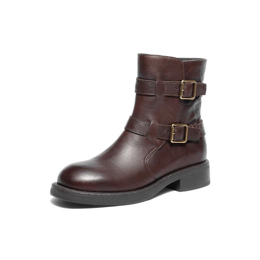 【云粉节】BF楼 森达羊皮复古西部靴2025冬季新款皮带扣机车风中筒靴XTP01吊牌价1299活动价639 商品图1