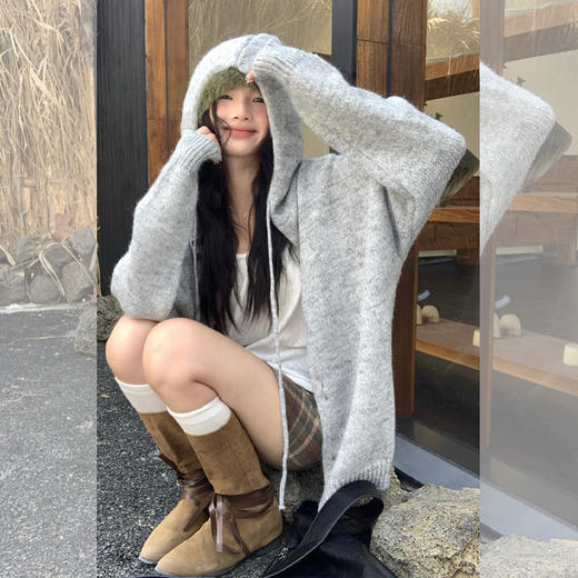 西遇慵懒风针织开衫外套女2025年秋季新款韩系抽绳纽扣连帽毛衣SS051578 商品图0