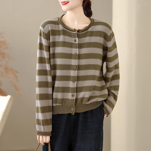 C025-818925新款秋冬复古慵懒风撞色条纹长袖针织开衫宽松显瘦毛衣外套 商品图2