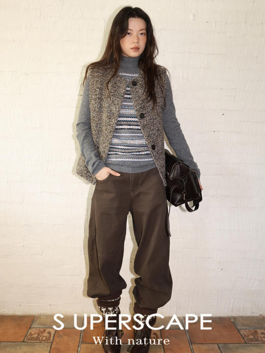 素舶 羊驼毛羊毛杂色圈圈毛粗花呢肌理感茧型圆领天然牛角扣马甲 商品图3