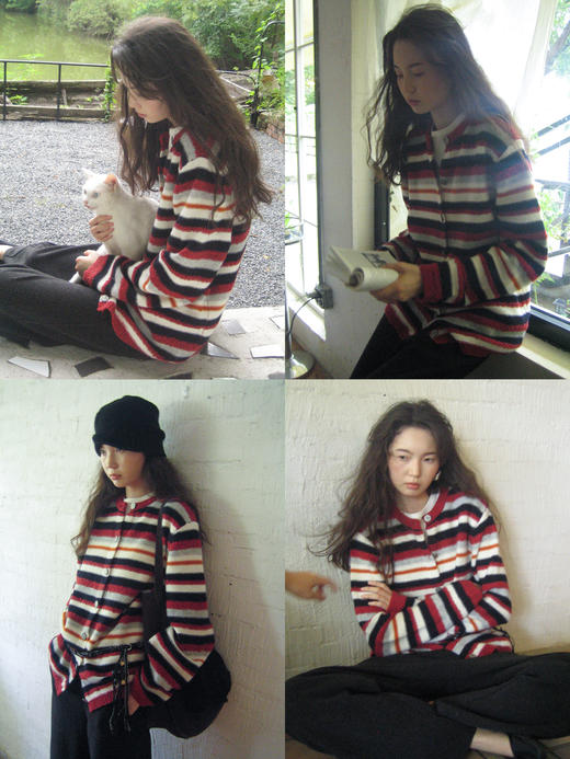 素舶 美利奴羊毛珍珠纱肌理感条纹红铜锡金属扣针织开衫毛衣 商品图2