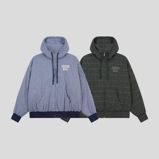 GOODBAI 粗体logo印花格纹连帽抽绳宽松拉链卫衣外套 商品图1