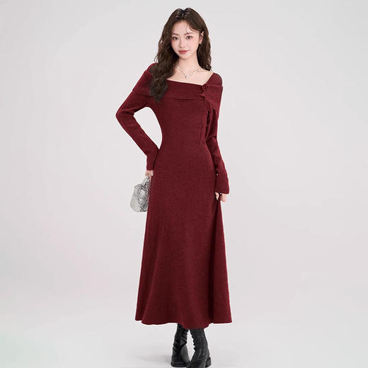 西遇法式长袖连衣裙女秋季新款名媛气质花朵针织收腰长裙SS051601 商品图3