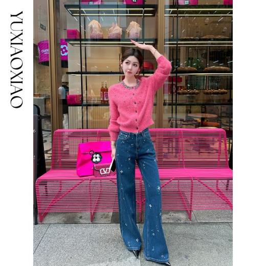 余潇潇【星光璀璨】棉感重工花朵烫钻百搭显瘦垂感直筒牛仔裤秋冬 商品图2