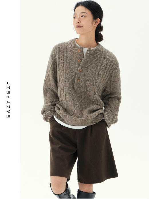 阿兰绞花重磅半开襟羊绒牦牛绒套头衫 商品图3