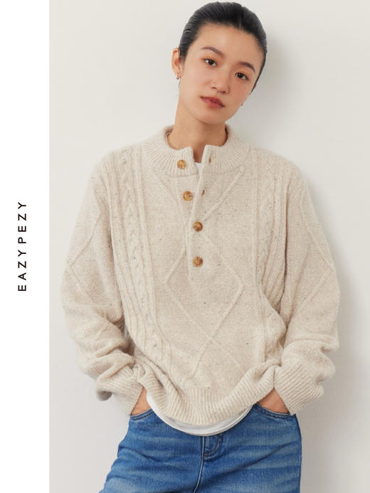 阿兰绞花重磅半开襟羊绒牦牛绒套头衫 商品图2