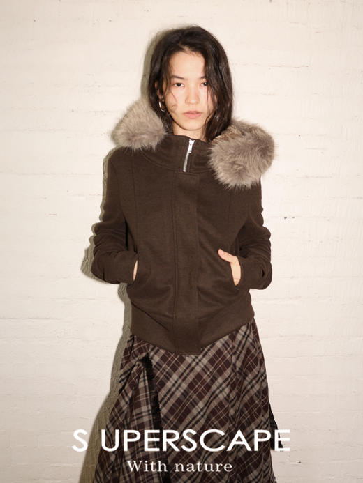 素舶 醋酸羊毛混纺软糯保暖防风针织毛领连帽毛绒内里棉服短外套 商品图0