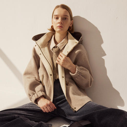 谜底羊毛双面呢大衣长袖2025冬新品猎装廓形抽绳收腰女254MD1724 商品图1