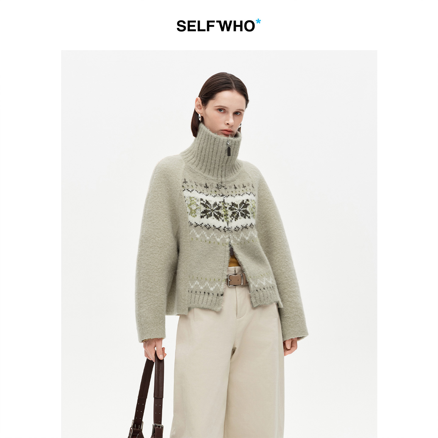 SELFWHO绵羊毛混纺复古高翻领针织毛呢外套女2025冬新款保暖外套