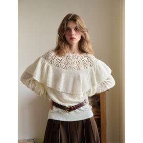 SimpleRetro法式镂空钩花荷叶边套头毛衣女