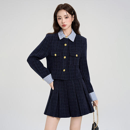 西遇小香风套装裙女秋季新款条纹拼接撞色短款外套两件套V0055466/SS051605 商品图2