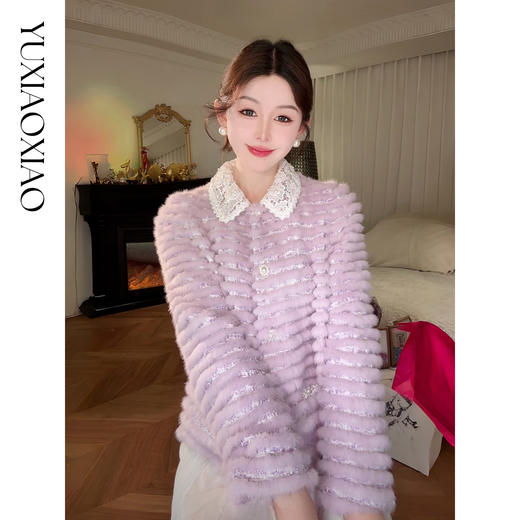 余潇潇【罗兰梦境】奢华感粗花呢拼接珍珠点缀蕾丝花边翻领水貂皮草 商品图0