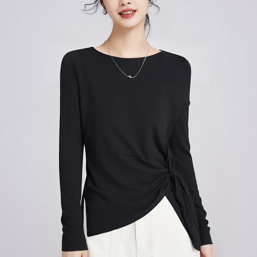 「自j」全新升级【铂金会员119/天猫159/差价40】(45508)洛诗琳一字肩长袖T恤2025秋季不规则开叉收腰打底衫上衣 商品图0