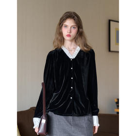 SimpleRetro法式复古v领荷叶边丝绒衬衫女秋