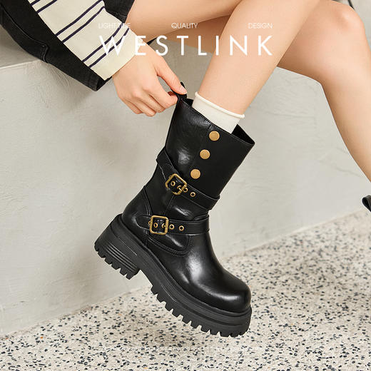 西遇厚底骑士靴女新款秋冬两穿复古英伦风马丁靴增高中筒短靴V2157203 商品图2