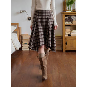 SimpleRetro法式复古磨毛不规则格纹半身裙