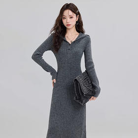 西遇针织长袖连衣裙女秋季新款轻熟灰色连帽修身显瘦长裙子SS051600
