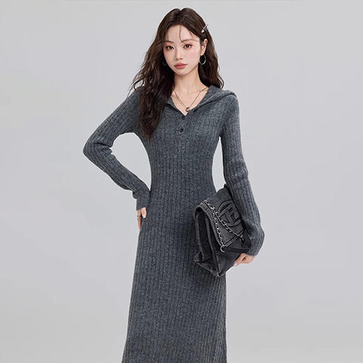 西遇针织长袖连衣裙女秋季新款轻熟灰色连帽修身显瘦长裙子SS051600 商品图0