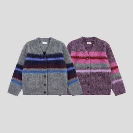 GOODBAI 撞色横条纹V领oversize长毛针织毛衣 商品图1