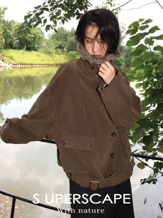 素舶 发热功能性棉锁温麂皮可拆卸毛领夹棉宽松夹克外套 商品图0