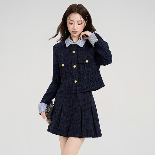 西遇小香风套装裙女秋季新款条纹拼接撞色短款外套两件套V0055466/SS051605 商品图4