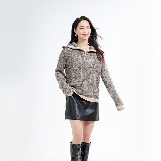 罗蒙针织衫秋冬女士翻领半开襟针织衫休闲撞色边拉链慵懒风设计感毛衣上衣女 商品图5