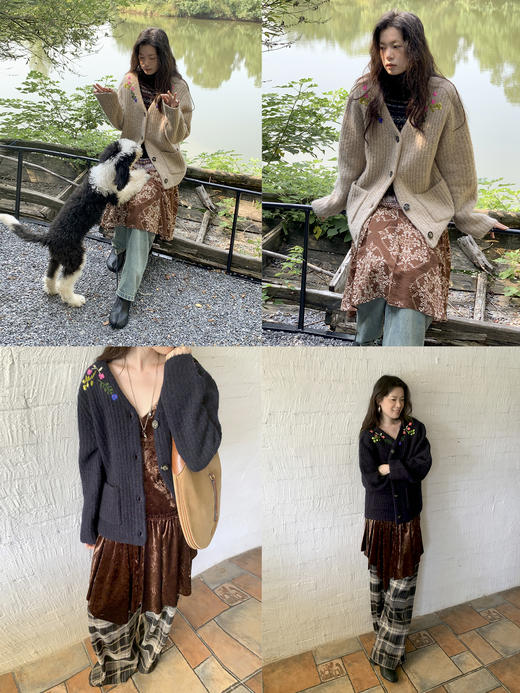 素舶 羊驼毛柔软亲肤撞色手工刺绣花朵粗针宽松针织开衫毛衣 商品图3