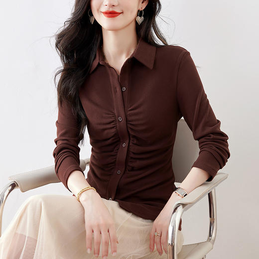 KQL 403H7929纯色衬衫收腰显瘦褶皱洋气气质小衫 商品图0