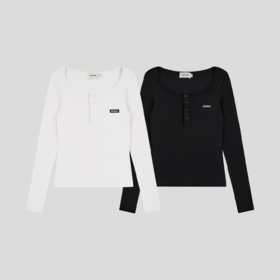 GOODBAI logo织唛一字领纽扣正肩长袖T恤