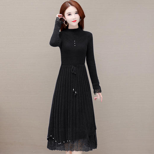 QYM H723-Y仿貂绒连衣裙针织弹力裙系带收腰网纱拼结A字裙 商品图2