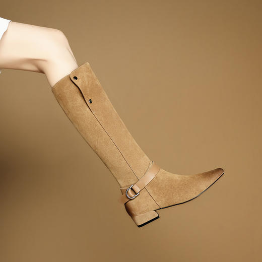 【预售7天】新款美拉德中跟堆堆靴真皮磨砂西部靴秋冬粗跟复古长筒高靴NJMK&K1759 商品图2