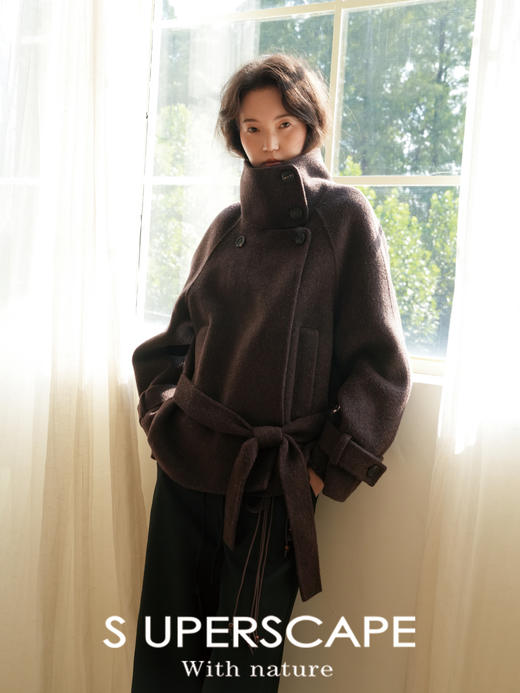 素舶 牦牛绒绵羊毛 双排扣立领长短款双面呢大衣 商品图2