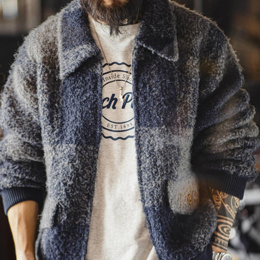 马登工装美式复古水牛格子毛织外套羊毛混纺翻领格纹开衫夹克男秋 商品图3