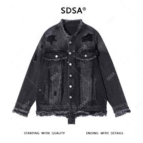 SDSA秋冬新款痞帅男装美式设计感流苏磨破立领牛仔夹克外套百搭