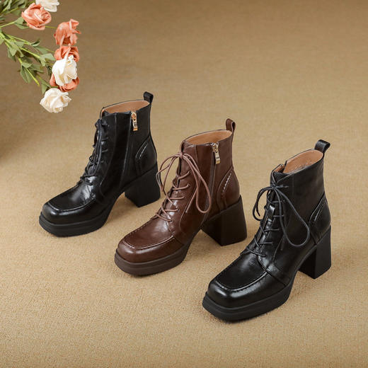 【预售5天】厚底方头系带马丁靴女复古粗跟单靴秋冬新款加绒气质百搭高跟短靴XME&898-820 商品图4