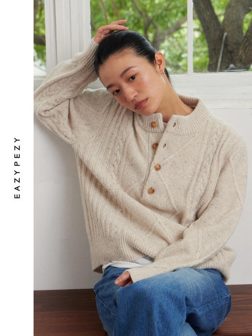 阿兰绞花重磅半开襟羊绒牦牛绒套头衫 商品图0