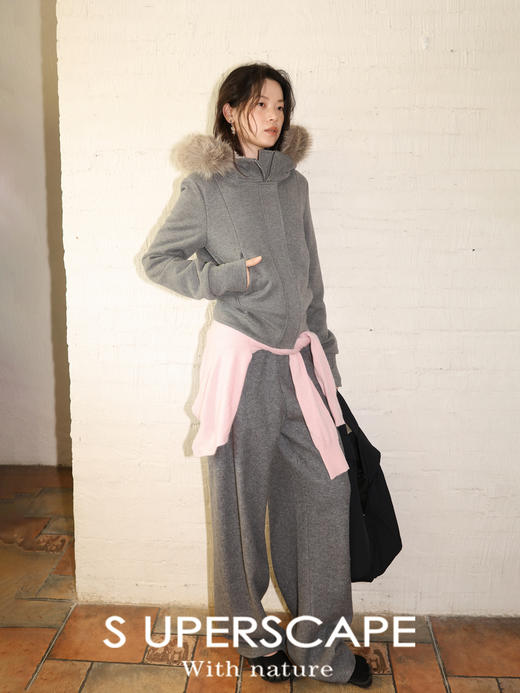 素舶 醋酸羊毛混纺软糯保暖防风针织毛领连帽毛绒内里棉服短外套 商品图4