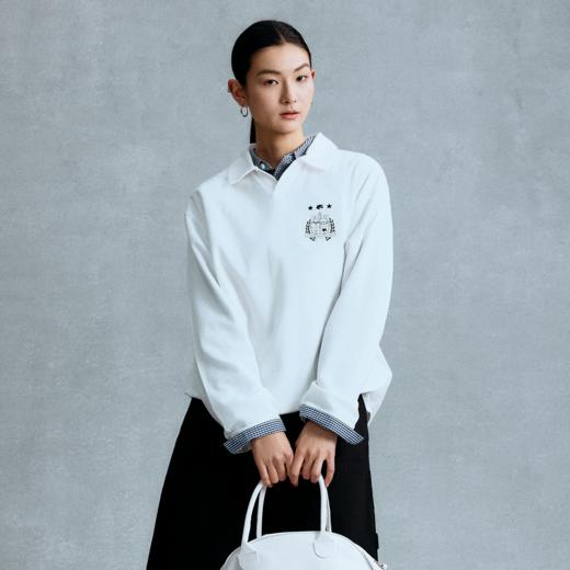 GOODBAI 学院组合logo印花翻领oversize长袖POLO衫 商品图0
